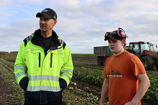 Paul Åbom, driftledare på jordbruket och Axel Hansen, elev i åk 2, inspekterar hur betorna har lagts i stukan. Foto: Åsa Meierkord